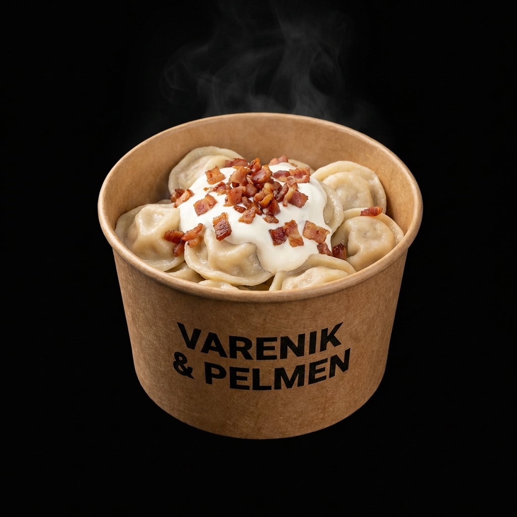 Bowl of pelmeni served with sour cream and crispy bacon